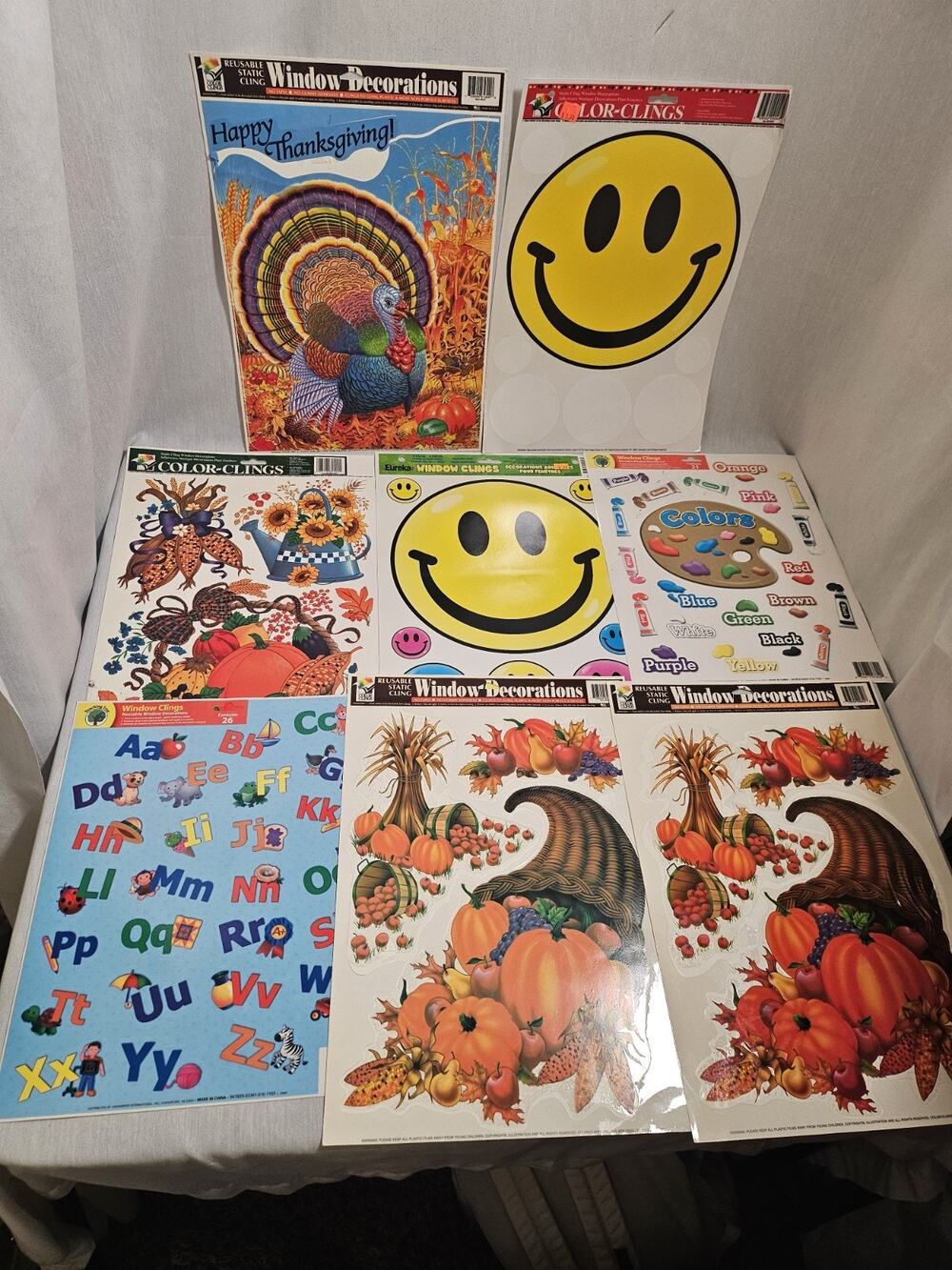 Window Cling Sheets Lot Of 8 - Thanksgiving, Colors, Letters, Smiley Faces